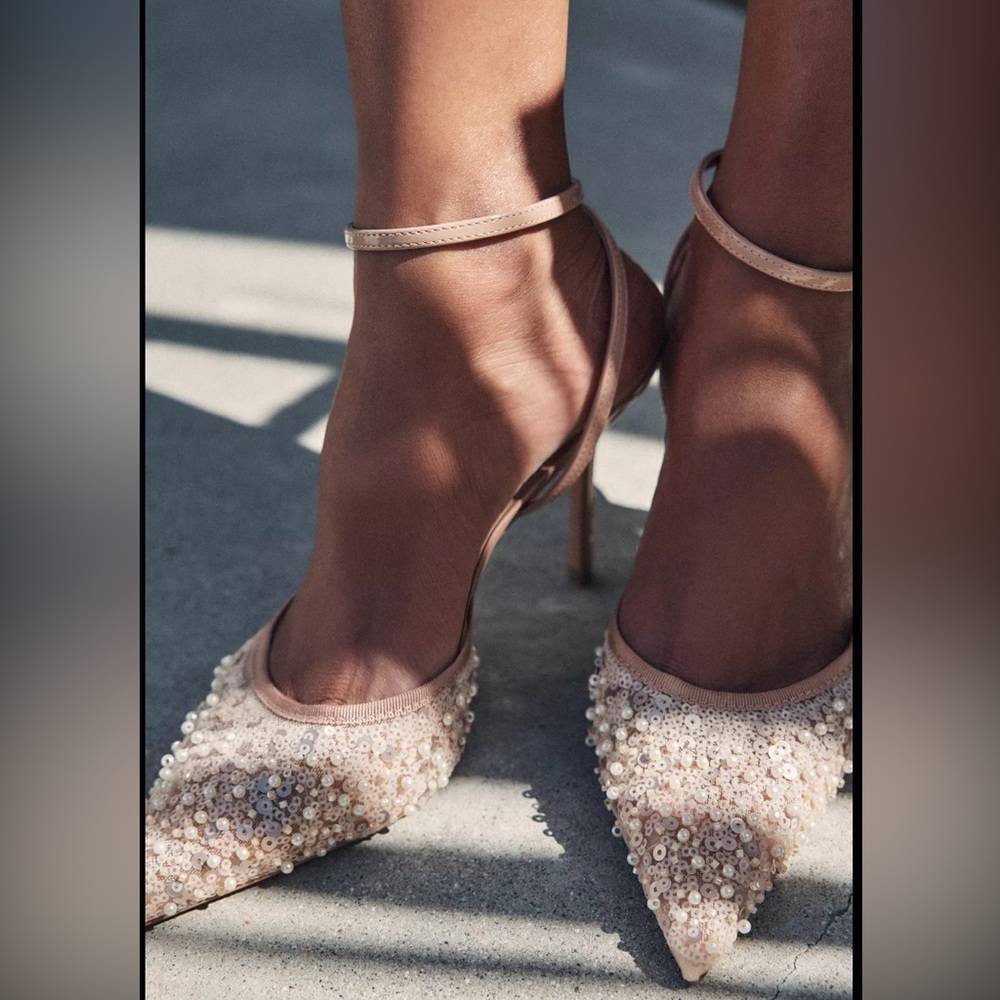 NEW Women Zara  Glitter Mesh Slingback Heels 7.5 shoes Beige 2257/510
